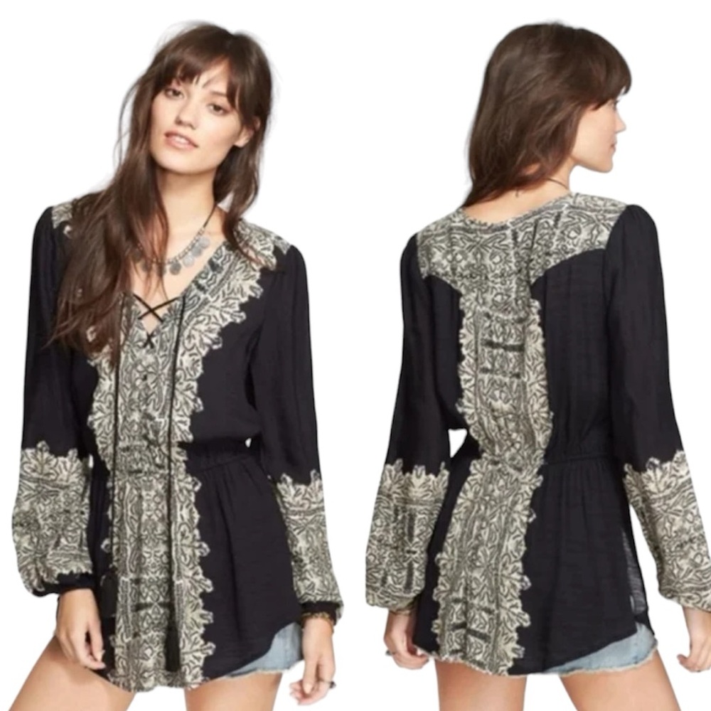 Free People Wildest Moments Black & Cream Boho Lace Up Long Sleeve Tunic